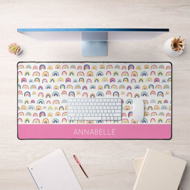 Colourful Pink Rainbow Personalised First Name Desk Mat (Office 1)