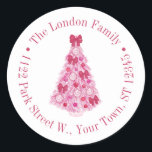 Colourful Pink Red Christmas Tree Return Address Classic Round Sticker<br><div class="desc">This flexible sticker design features a vibrant pink Christmas tree decorated with pink red and magenta ornaments and has a circular text border. Shown here for a return address label but all of the text fields are flexible to your needs eg could be a thank you favour sticker.</div>