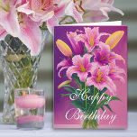 Colourful Pink Spring Tiger Lilies in Vase Birthda Card<br><div class="desc">Colourful feminine Pink Tiger Lilies in a vase with green foliage set on a purple and pink background. Inside is a single lily on the left hand side of the card. Warm and boldly coloured digital oil painting print floral.</div>