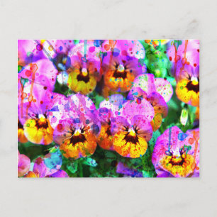 Colourful pink teal  watercolor splatters pansy postcard