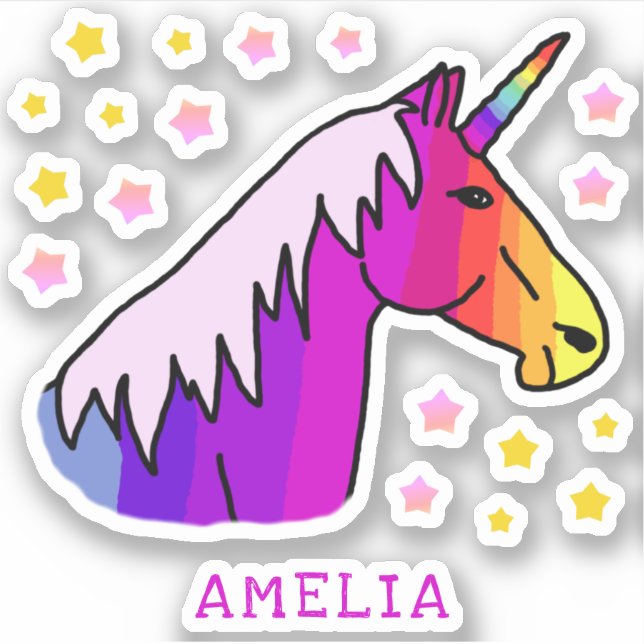 Colourful Pink Unicorn and Stars Name Kids Sticker (Front)