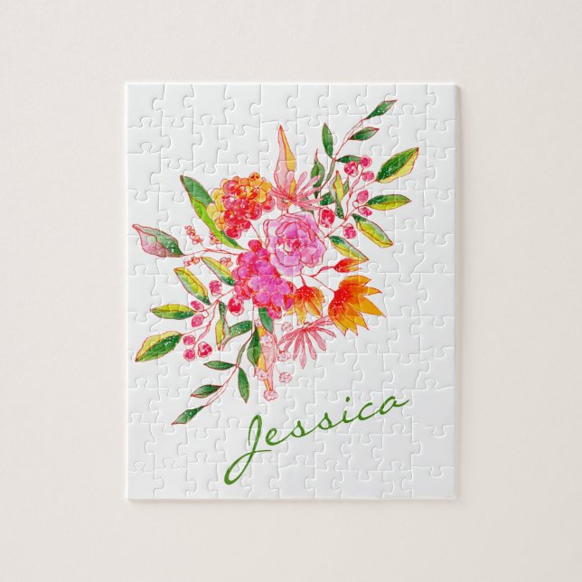 Colourful Pink Watercolor Floral Art Personalised Jigsaw Puzzle (Vertical)