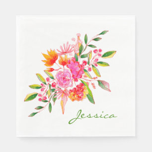 Colourful Pink Watercolor Floral Art Personalised Napkin