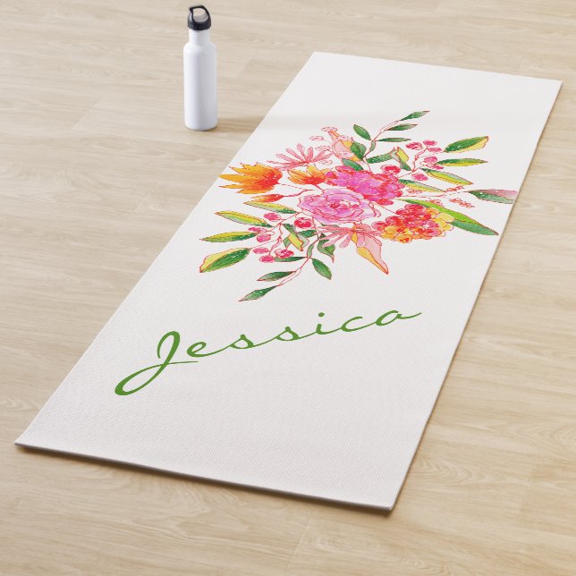 Colourful Pink Watercolor Floral Art Personalised Yoga Mat (In Situ)