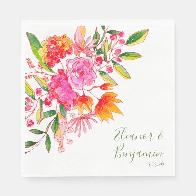 Colourful Pink Watercolor Floral Custom Wedding Napkin (Front)