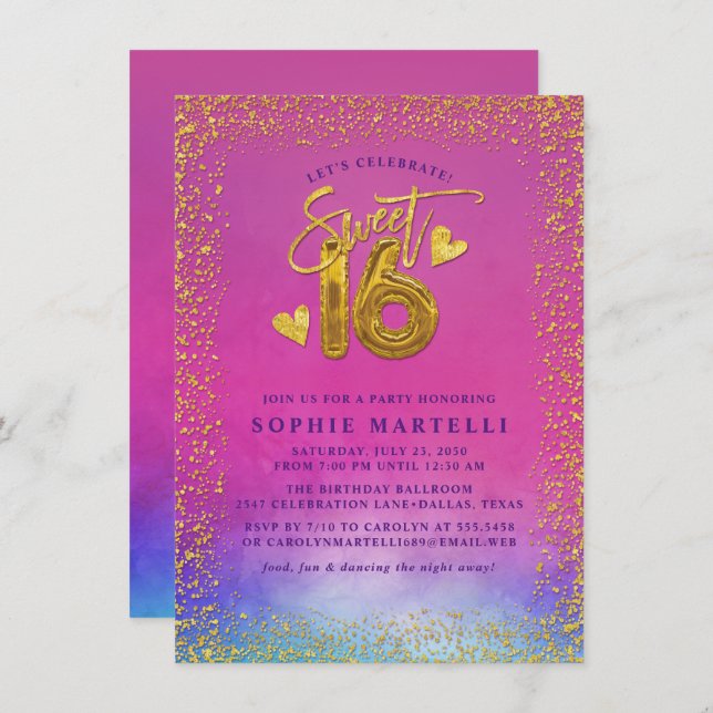 Colourful Pink with Sweet 16 Gold Balloons  Invitation (Front/Back)