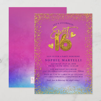 Colourful Pink with Sweet 16 Gold Balloons  Invitation