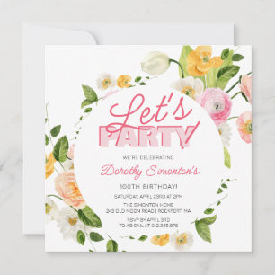 Colourful Pink Yellow Spring Flowers 100th Birthda Invitation