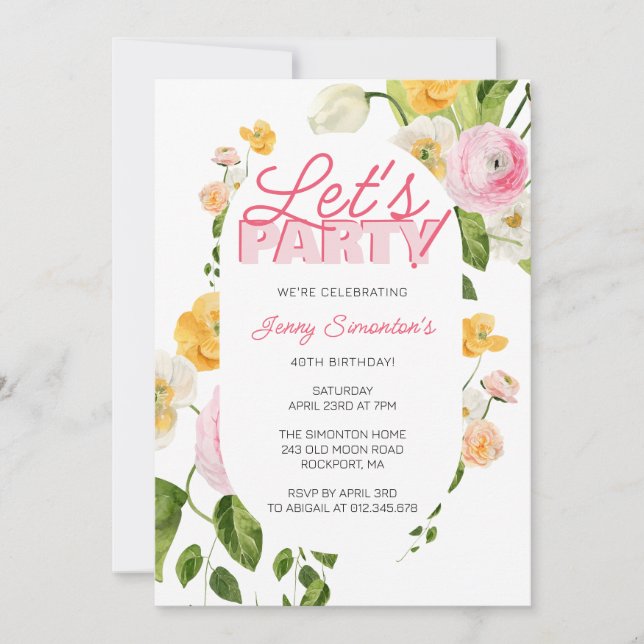 Colourful Pink Yellow Spring Flowers 40th Birthday Invitation (Front)