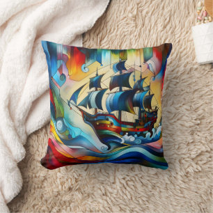 Colourful Pirate Ship in Abstract Waves Cushion