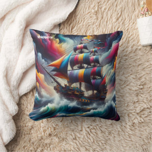 Colourful Pirate Ship Navigates Stormy Seas Cushion
