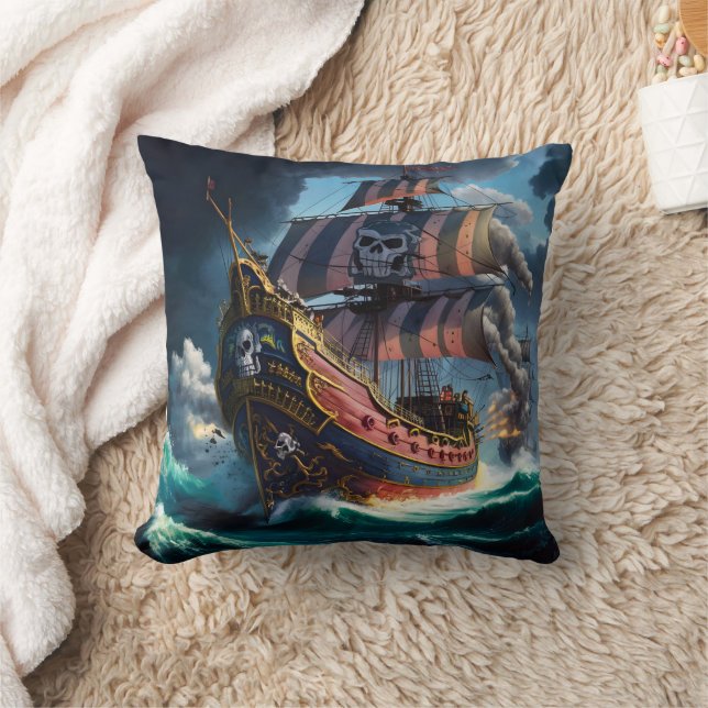 Colourful Pirate Ship Navigating Stormy Seas Cushion (Blanket)