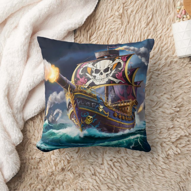 Colourful Pirate Ship Sailing Through Stormy Seas Cushion (Blanket)
