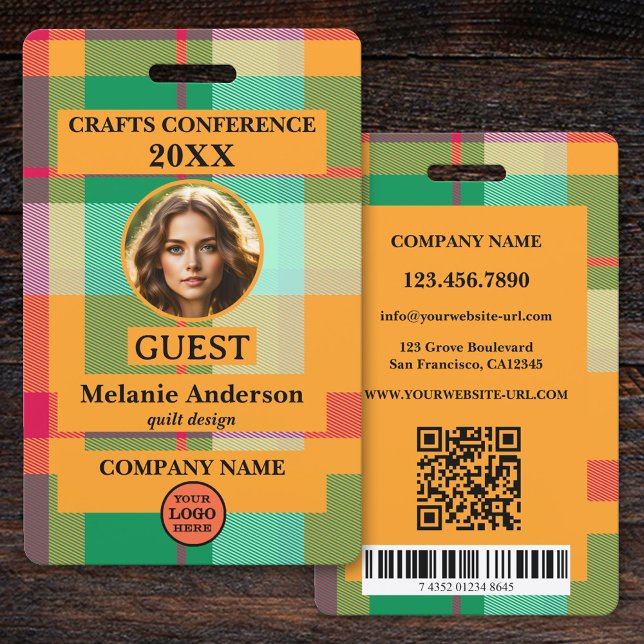 Colourful Plaid Conference Photo ID ID Badge (Conference guest photo ID badge featuring your custom photo and logo on a colorful plaid design)