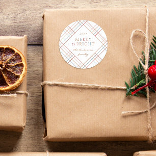 Colourful Plaid Merry & Bright Family Name Classic Round Sticker