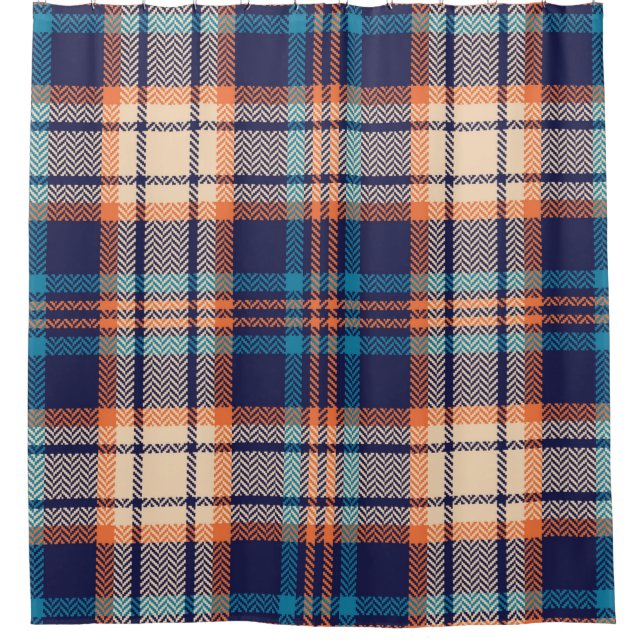 Colourful plaid pattern in blue, orange, beige. He Shower Curtain (Front)