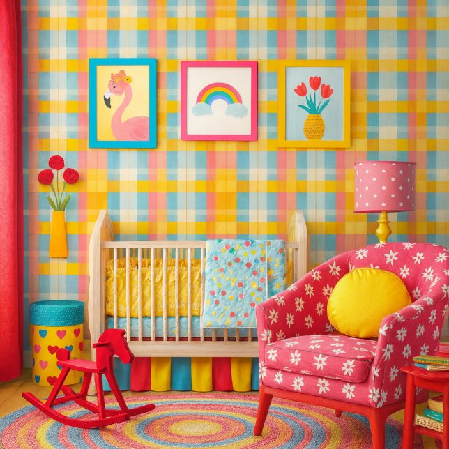 Colourful Plaid Pink Yellow and Blue  Wallpaper ( Vibrant pastel plaid wallpaper that brightens any nursery with cheerful, playful color. (mockup) )