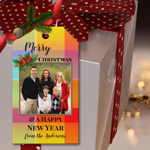 Colourful Plaid Your Photo Merry Christmas Gift Ta Gift Tags