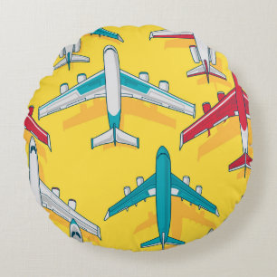 Colourful Planes Sky: Vintage Aircraft Round Cushion