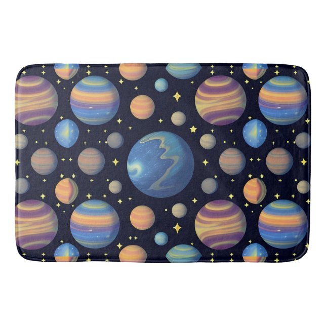 Colourful Planets and Stars in Outer Space Bath Mat (Front)