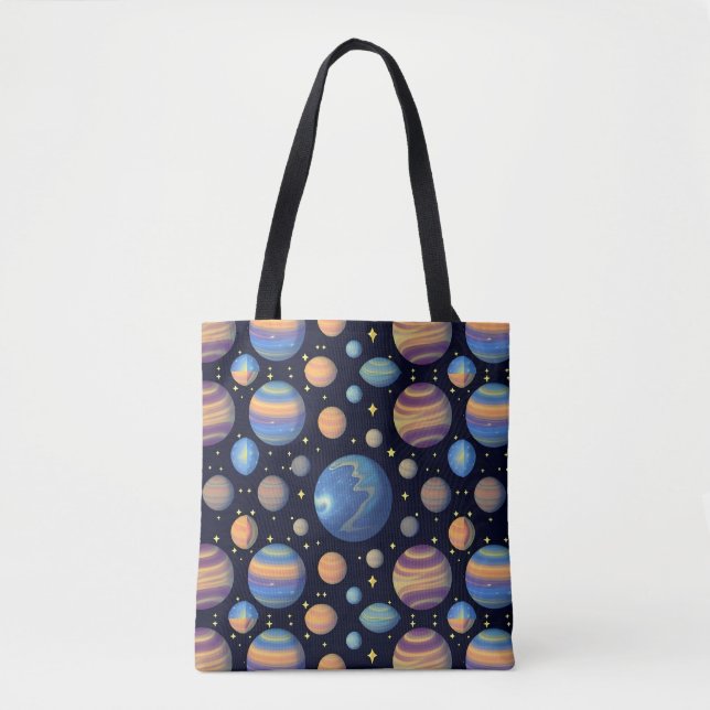 Colourful Planets and Stars in Outer Space Tote Bag (Front)