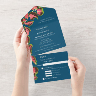 Colourful Plants on Blue with 3 Meal Options   All In One Invitation