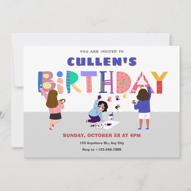 Colourful playful art paint fun birthday  invitation (Front)