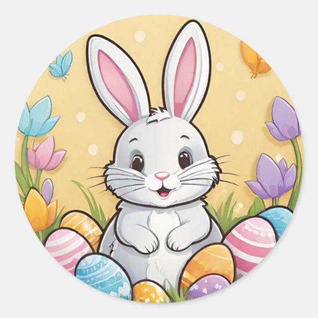 Colourful Playful Easter Bunny Eggs Round Stickers (Front)