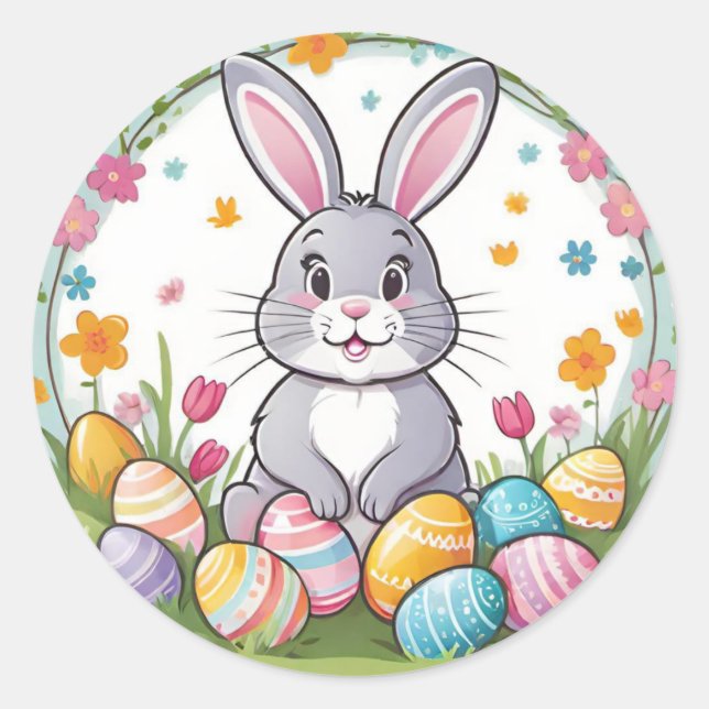 Colourful Playful Easter Bunny Eggs Round Stickers (Front)