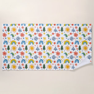 Colourful Playful Pattern with Rainbows and Flower Beach Towel
