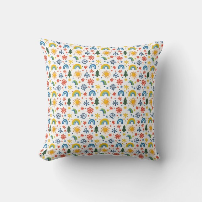Colourful Playful Pattern with Rainbows and Flower Cushion (Front)