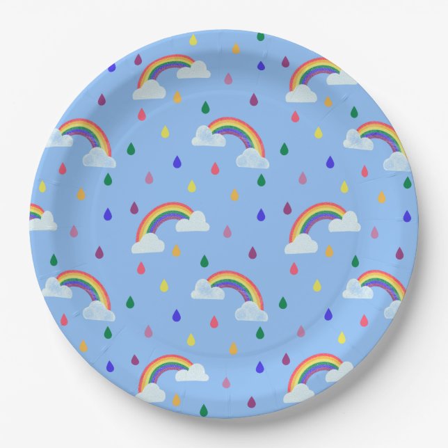 Colourful Playful Rainbow Raindrops Paper Plate (Front)