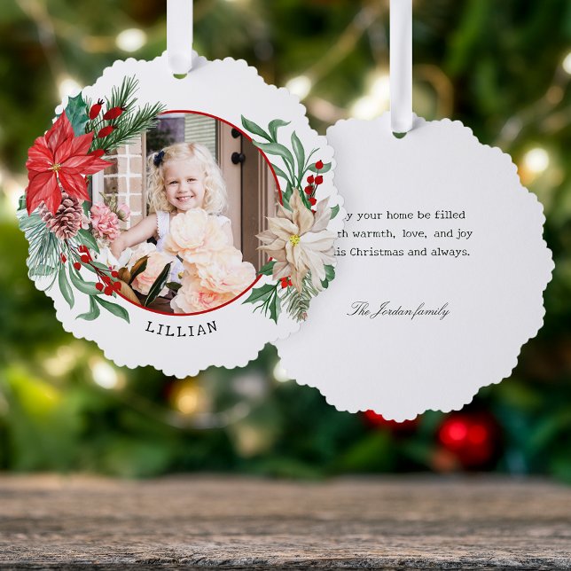 Colourful Poinsettia, Pine & Berries Photo Tree Decoration Card (Creator Uploaded)