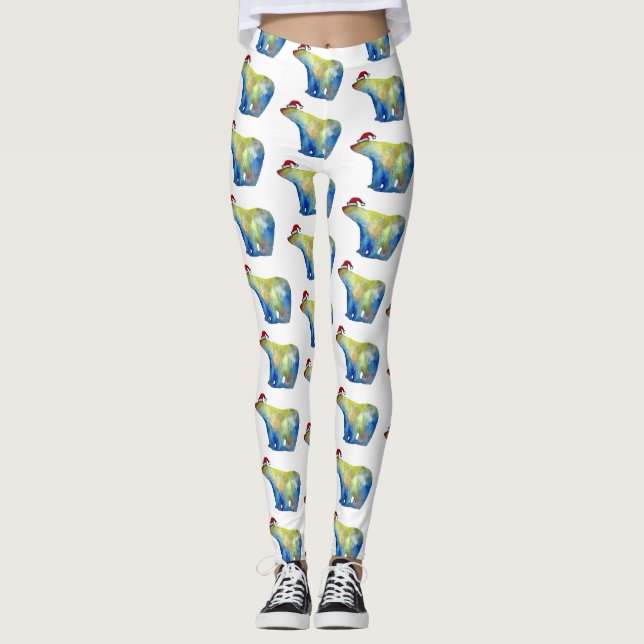 Colourful polar bear Santa Custom Leggings (Front)