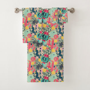 Colourful Polka Dot Cactus Pattern Bath Towel Set