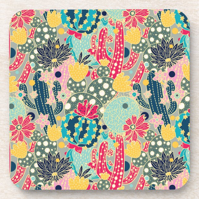 Colourful Polka Dot Cactus Pattern Coaster (Front)