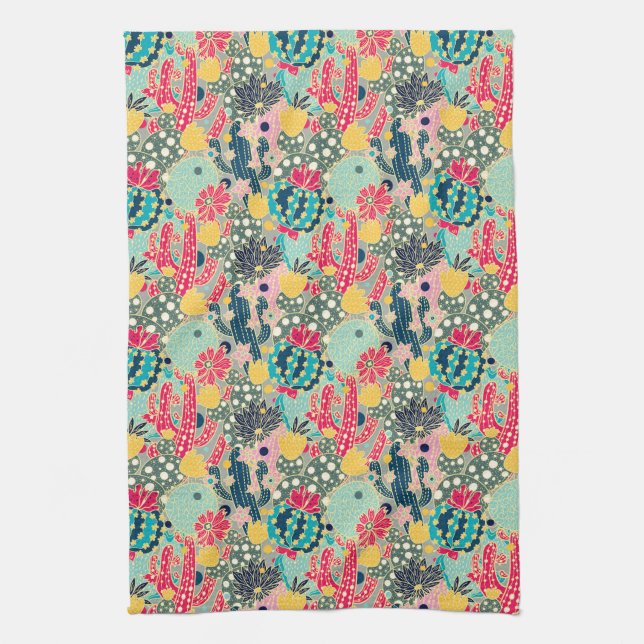 Colourful Polka Dot Cactus Pattern Tea Towel (Vertical)