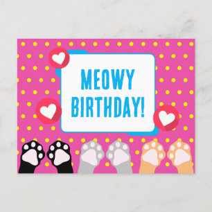 Colourful Polka Dot Cat Paws Up Happy Birthday Postcard