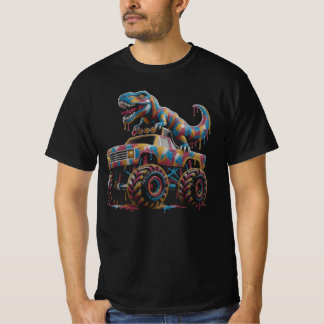 Colourful Polka Dot Dinosaur Riding Monster Truck T-Shirt