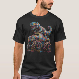 Colourful Polka Dot Dinosaur Riding Monster Truck T-Shirt