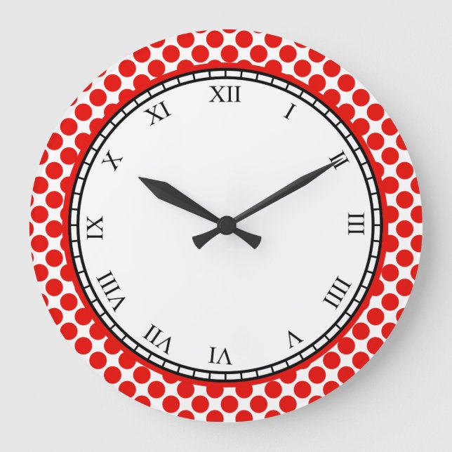 Colourful Polka Dot Roman Digits Red on any Colour Large Clock (Front)
