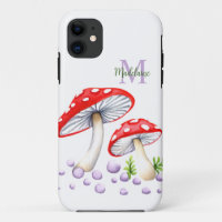 Colourful Polka Dot Watercolor Mushrooms Monogram
