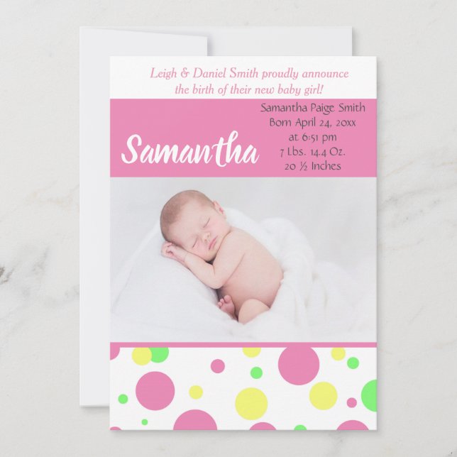 Colourful Polka Dots | Baby Girl Photo Birth Announcement (Front)