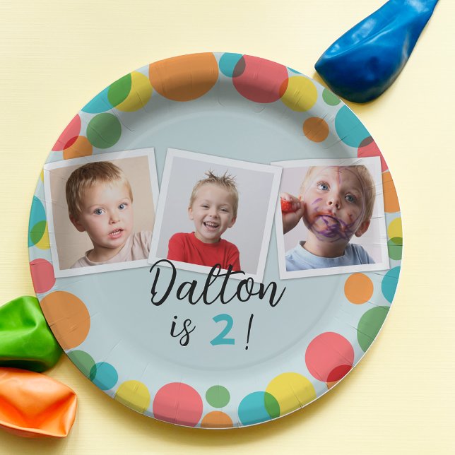 Colourful Polka Dots Boys Photos Birthday Paper Plate (Creator Uploaded)