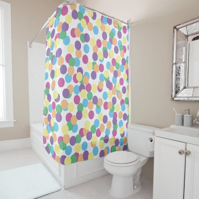 Colourful Polka-Dots Confetti Pattern on White Shower Curtain (In Situ)