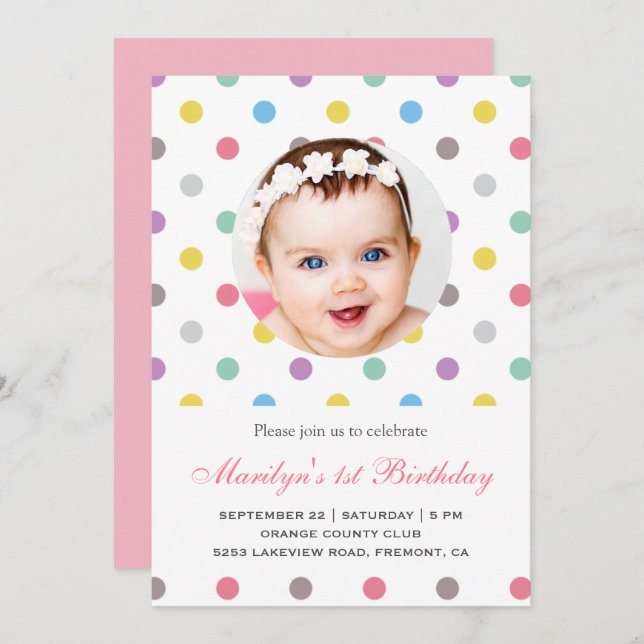 Colourful Polka Dots First Birthday Invitation (Front/Back)