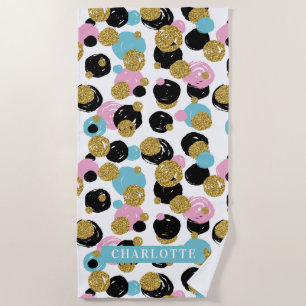 Colourful Polka Dots Gold Glitter Custom Name Girl Beach Towel