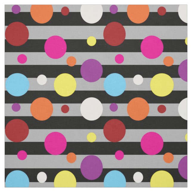 Colourful Polka-dots Grey Black Stripes Pattern Fabric (Swatch)