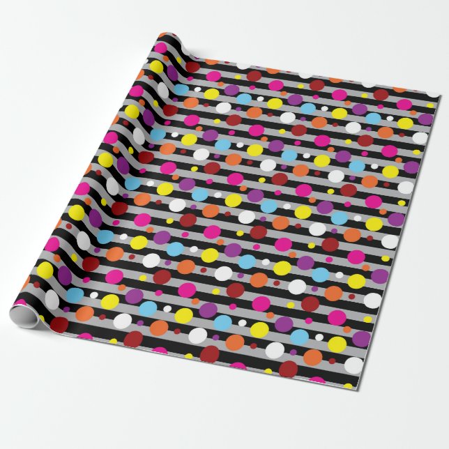 Colourful Polka-dots Grey Black Stripes Pattern Wrapping Paper (Unrolled)