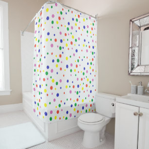 Colourful polka dots in rainbow colours on white shower curtain